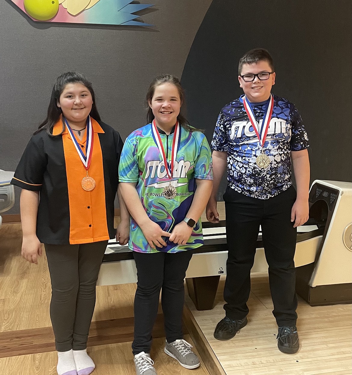 Courtesy photo
An Idaho Junior Bowlers Tour event was held Sunday at Sunset Bowling Center in Coeur d'Alene. In Division B, the top four placers were, from left, Aubree Lawrence, fourth; Jesyka Sarbercher, second; and Jacob Lewis, first. Not pictured is Colton Keenan, third.
