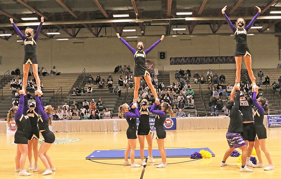 The Polson cheerleading squad performs during halftime of a Pirates game at the Class A state tournament in Great Falls. (Courtesy of Bob Gunderson)