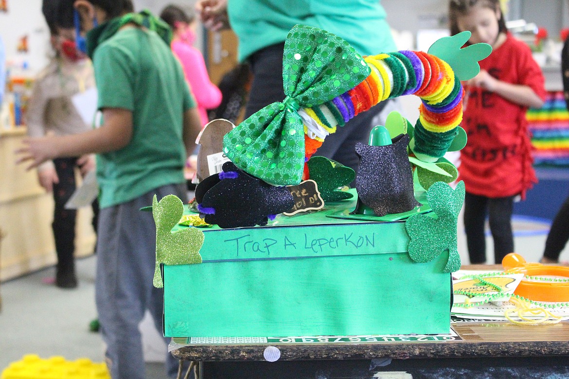 Araceli Gentry's leprechaun trap sits on her desk in her kindergarten classroom at North Elementary School in Moses Lake on Wednesday morning.