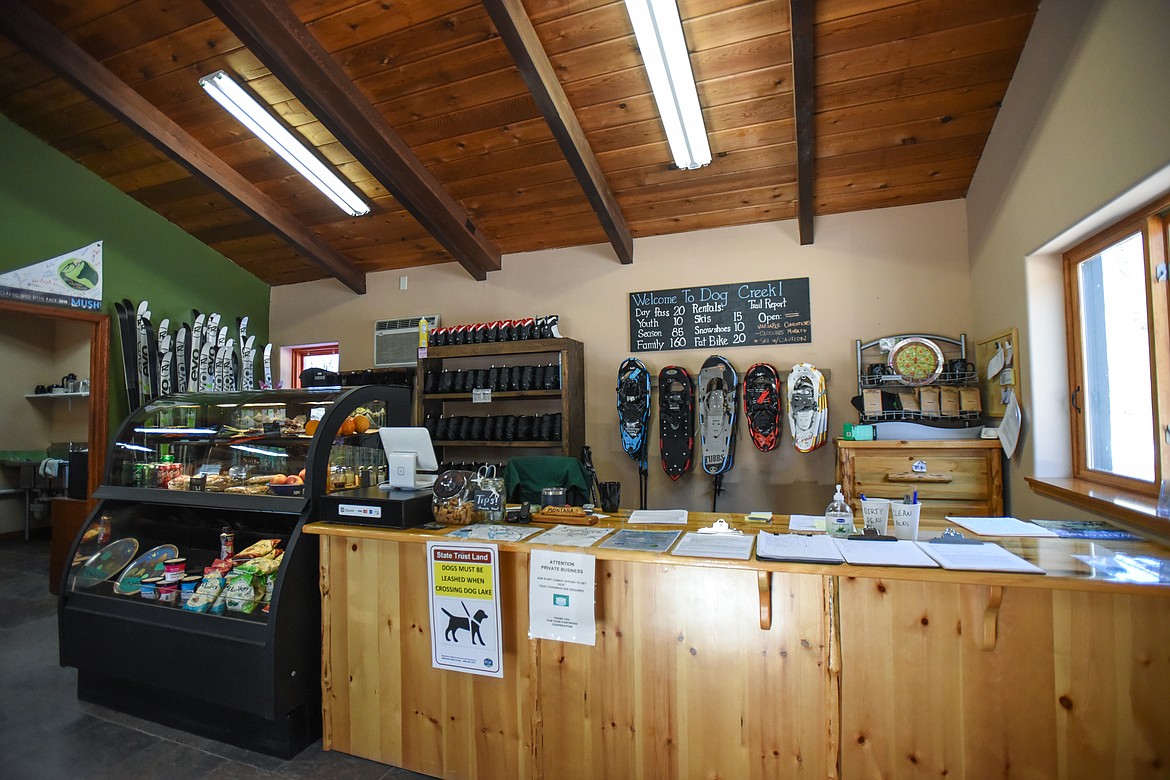 The front desk area where visitors can rent a variety of equipment like skis, snowshoes and fat tire bikes at Dog Creek Lodge & Nordic Center in Olney on Wednesday. (Casey Kreider/Daily Inter Lake)