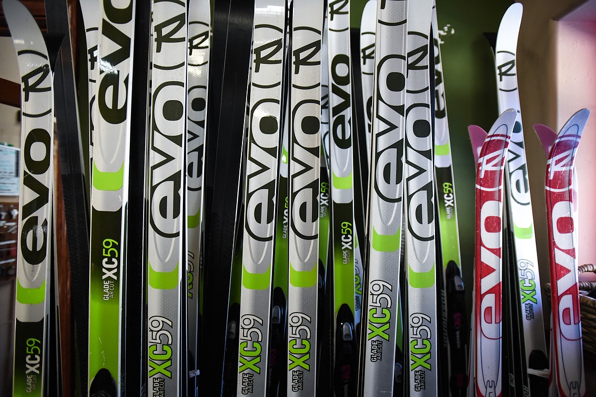 Cross-country skis and gear are available to rent to hit the trails at Dog Creek Lodge & Nordic Center in Olney on Wednesday. (Casey Kreider/Daily Inter Lake)