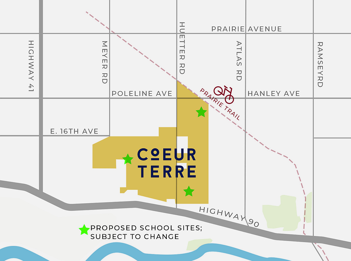 Green stars indicate potential sites set aside for schools in the Post Falls and Coeur d'Alene school districts when the extensive Coeur Terre development in the Huetter Corridor is constructed.