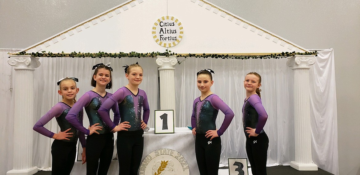 Courtesy photo
Avant Coeur Gymnastics Xcel Golds compete in Pocatello at the state championships. From left are Evelyn Haycraft, Delaney Adlard, Adelynn Archer, Madi Jereczek and Abby Rogers.