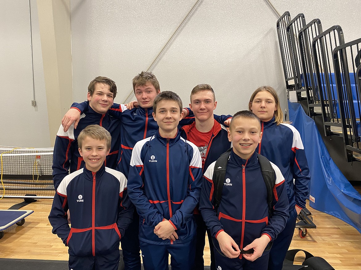 Courtesy photo
Avant Coeur Gymnastics boys JD and Optional team at their state meet in Pocatello. In the front row from left are Malachi Organ, Caden Severtson and Conan Tapia; and back row from left, Daniel Fryling, Ryan Thomas, Jesse St Onge and Collin Scott.