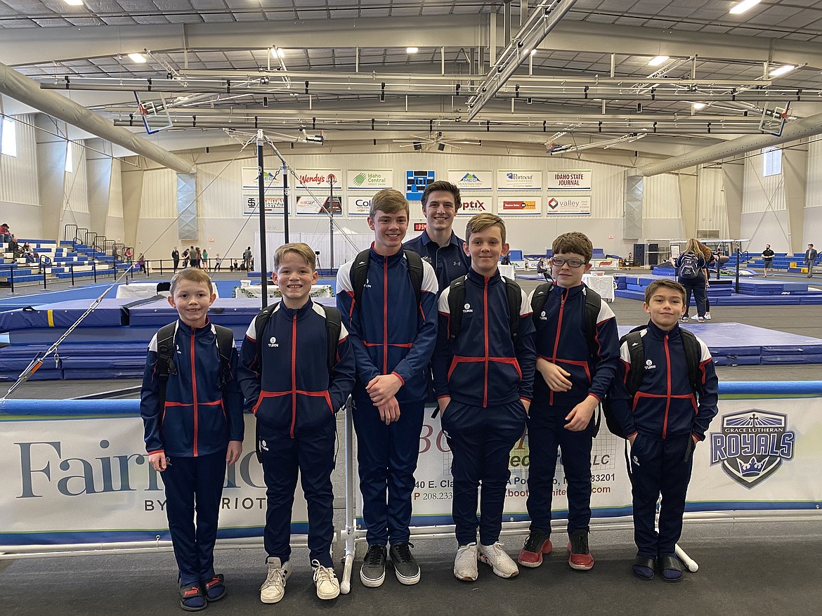 Courtesy photo
Avant Coeur Gymnastics boys at the state championship in Pocatello. In the front row from left are Nathen Cohen, Hudson Petticolas, Cayden Ptashkin, Riley Dietz, Blake Laird and Dylan Coulson; and back row, coach Matt Auerbach.