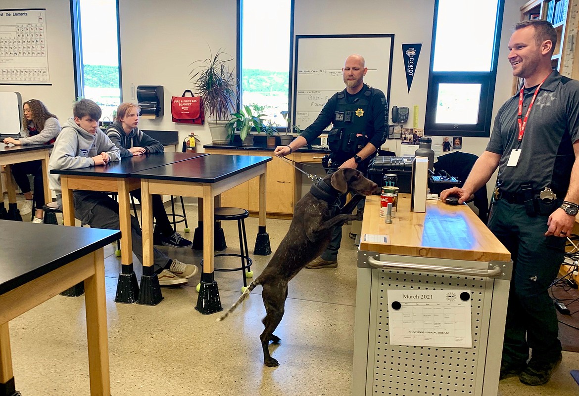 Flathead County Sheriff’s Deputy Charles Pesola holds the leash of Misty, a narcotics detection dog for the law enforcement’s K-9 unit, while deputy Matt Vander Ark gives a presentation on the dangers of using narcotics and how officers work in partnership with the canines to find drugs during searches. (Hilary Matheson/Daily Inter Lake)
