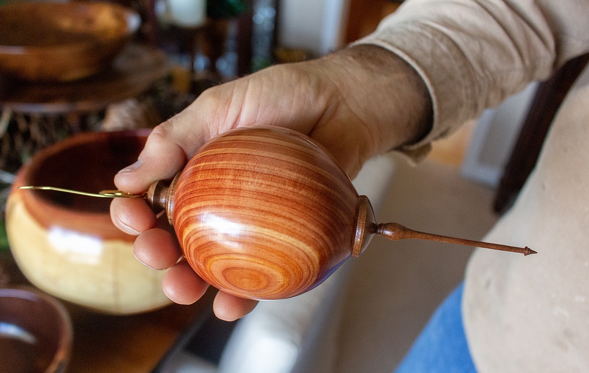 Wood ornaments like the one pictured are some of the items Merle Hardy said he's crafted the most of, along with bowls and pens, on his wood lathe in Moses Lake.