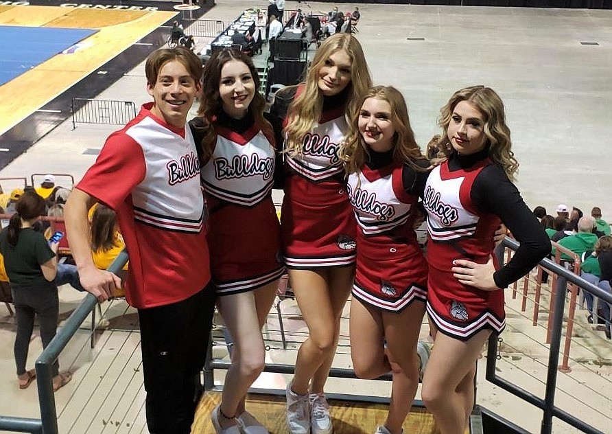 The Sandpoint High School cheer team placed third in co-ed stunt at the 4A state championships held this past week at the Ford Idaho Center in Nampa. Members of the co-ed stunt group were Adam Bucholtz (left), Kayla Robere, McKenna Kuprienko, Jordan Rosenau and Cori Lester.