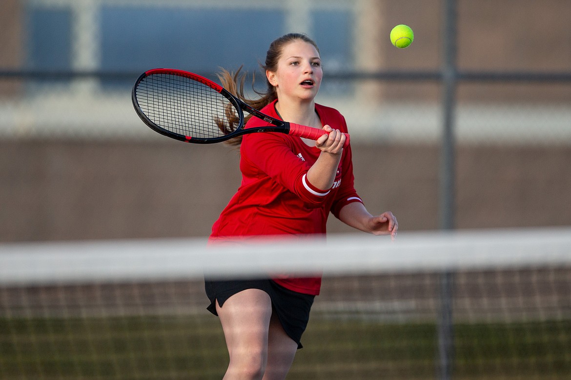 Elly Pincher returns a shot on Thursday. It was her first varsity match.