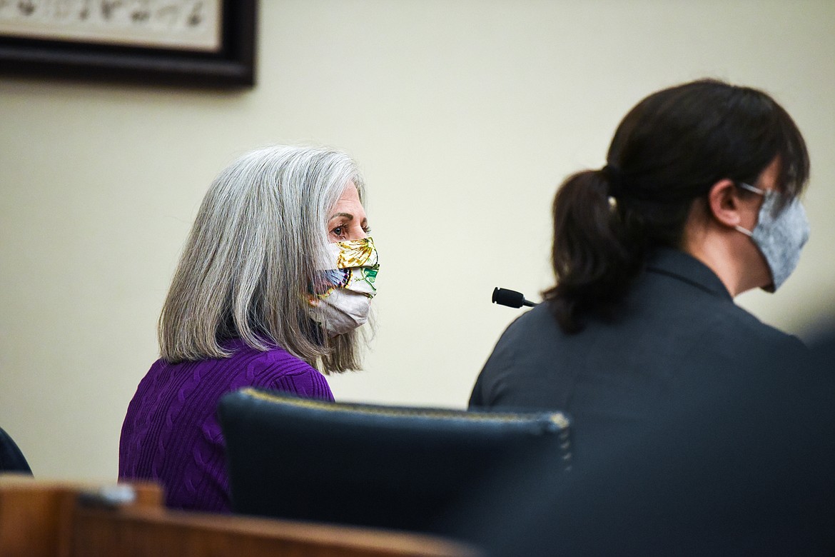 Patricia Berliner appears for a plea hearing in Flathead County District Court with her attorney Flathead County Public Defender Alisha Backus on Thursday. (Casey Kreider/Daily Inter Lake)