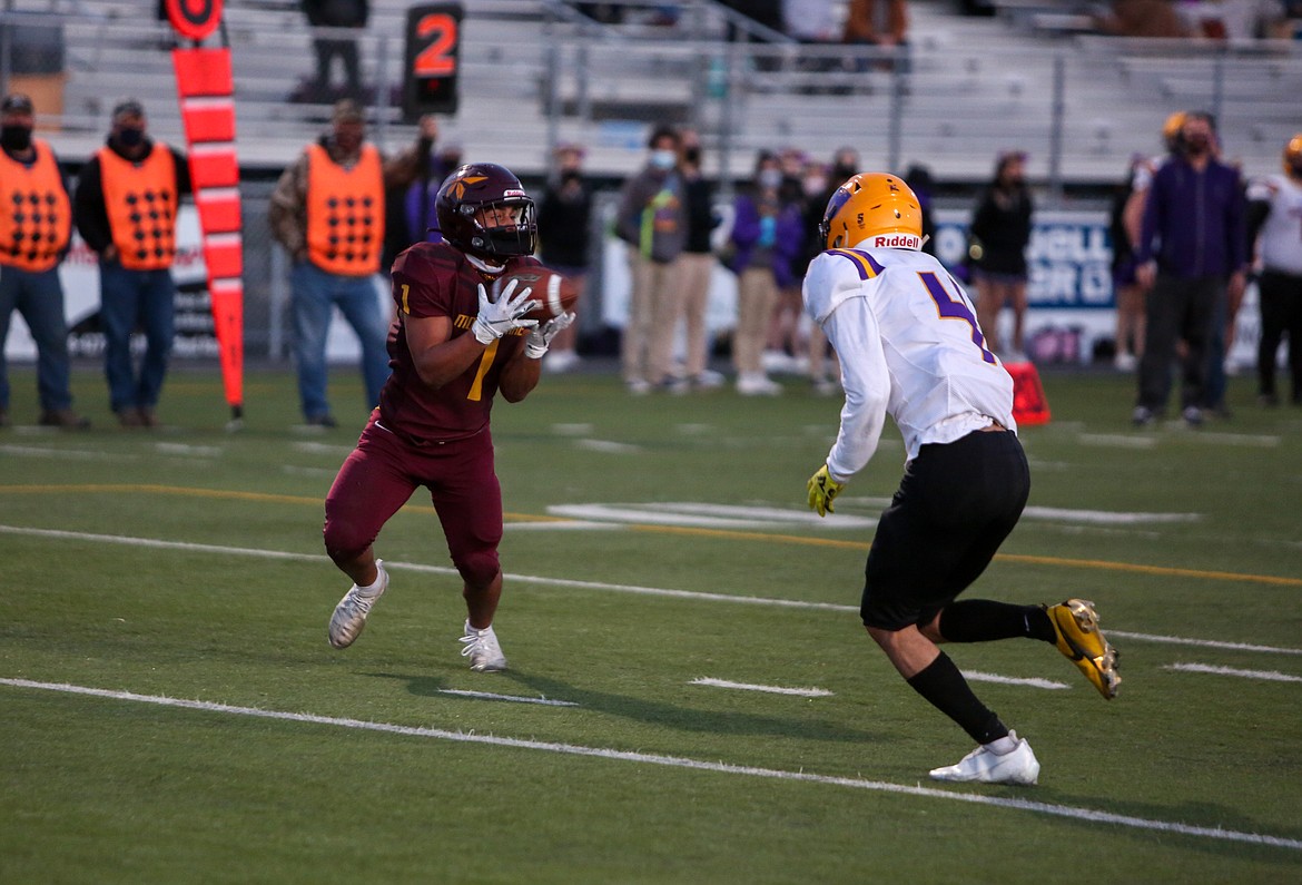 Lerenz Thomas makes the catch for Moses Lake on his way in for the touchdown in the first half against Wenatchee on Friday night at Lions Field.