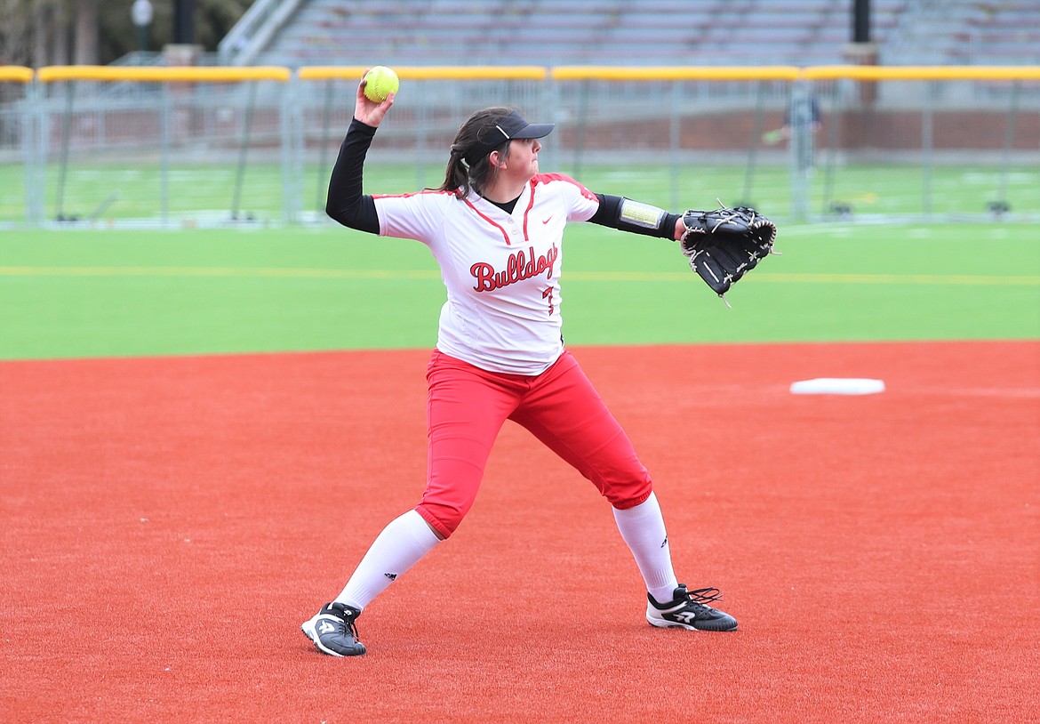 Cresanna Authier makes a throw to first base during the second game Saturday.