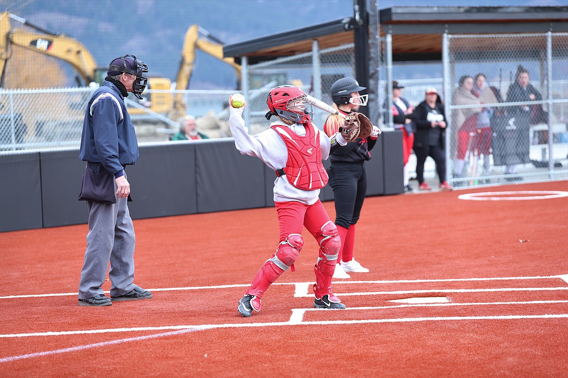 Lily Gammon throws the ball back to the pitcher during the second game Saturday.