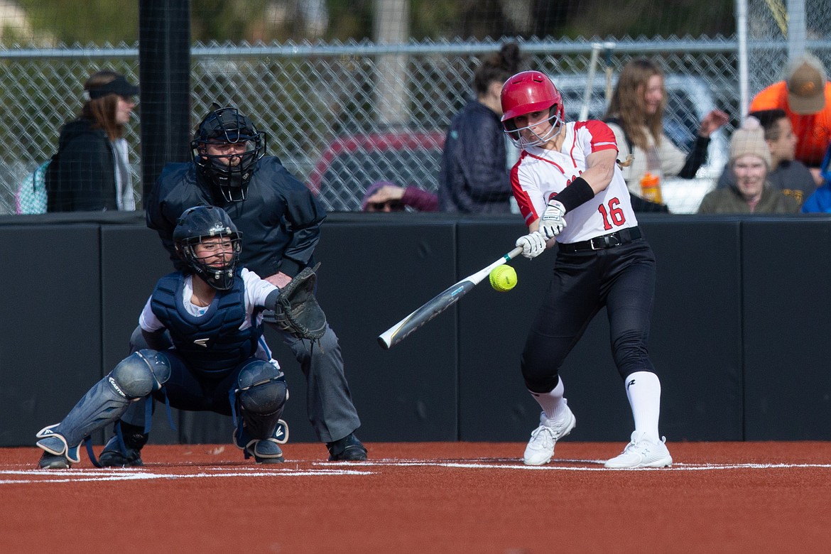 Junior Kalila Tuinstra prepares to make contact with the ball on Tuesday. Sandpoint tallied 27 hits during the doubleheader.