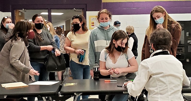 Pictured are Polson Middle School Guidance Counselor Rhonda Hinman, parents Shannon Borjorquez Cannon and Charmel McClure-Sternick, and students Kila Cannon, Lexi Stratton and Haislea Sternick, and P.E.O. Chapter CA member Janice Donovan. (Courtesy of Suz Rittenhouse)