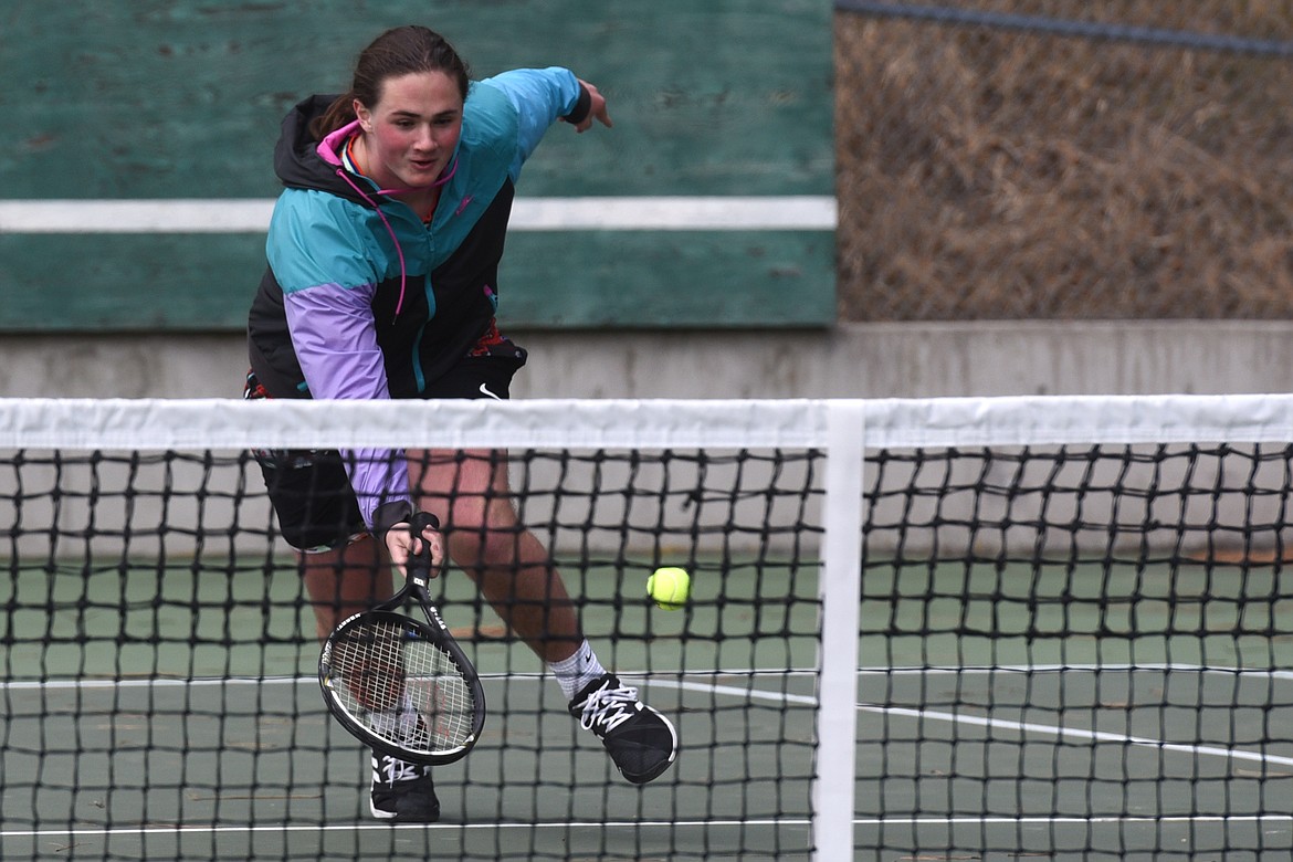 Andrew Porrovecchio makes a lunge for the ball during Vikings tennis practice Monday afternoon.
Jeremy Weber/Bigfork Eagle