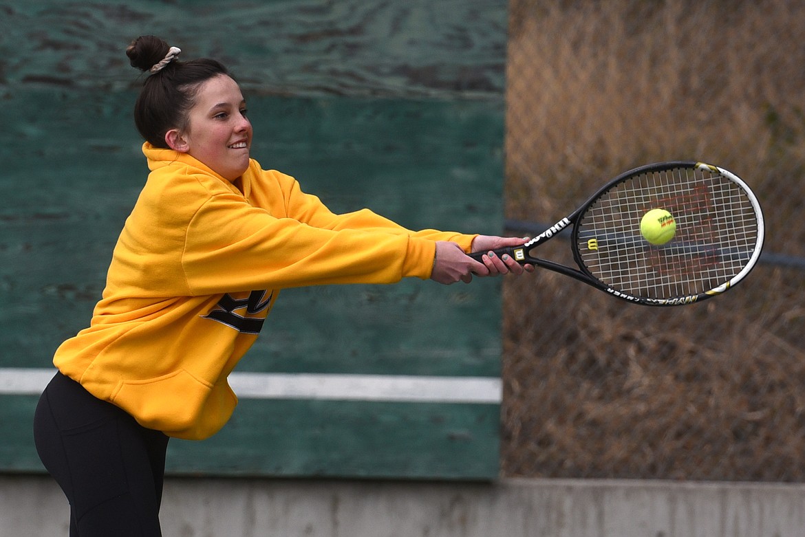 Callie Martinez practices her backhand during practice Monday.
Jeremy Weber/Bigfork Eagle