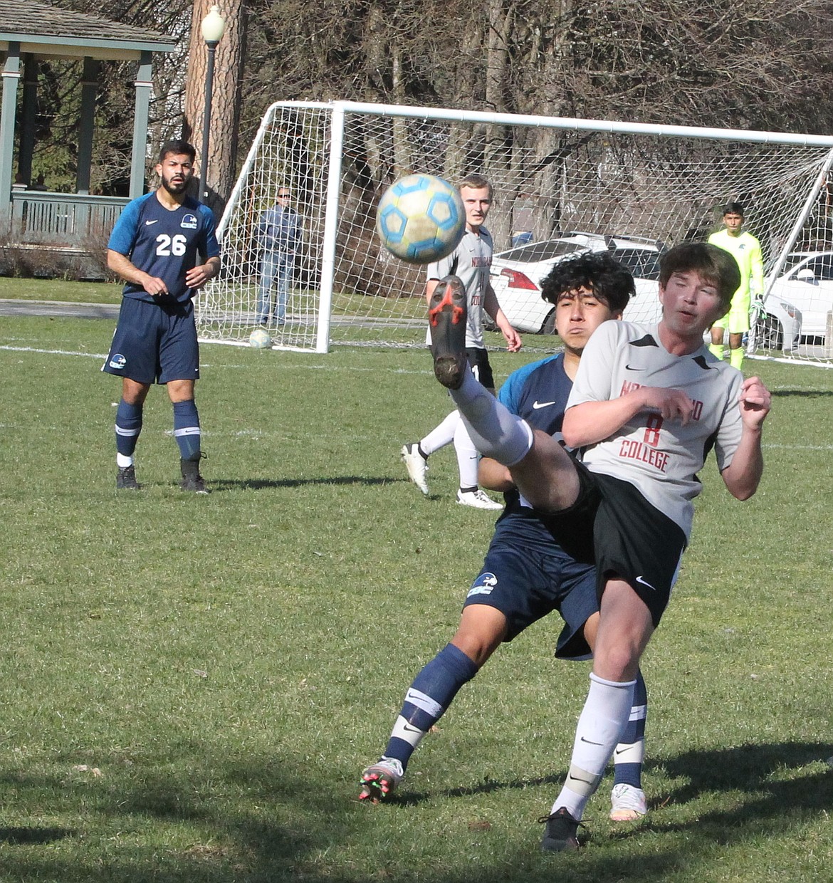 JASON ELLIOTT/Press
North Idaho College sophomore midfielder Ethan Williams looks to pass the ball for the Cardinals in Wednesday's match against Columbia Basin at Eisenwinter Field.