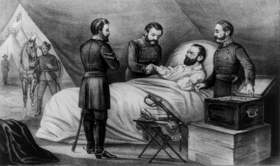 General Thomas “Stonewall” Jackson on his deathbed in 1863 after his left arm was injured in battle by friendly fire and amputated, with the wound leading to pneumonia and possible pulmonary embolism.