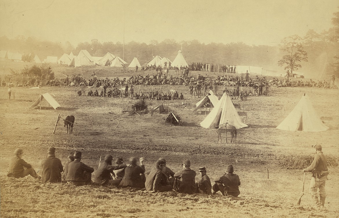 Confederate prisoners captured at the Battle of Fisher’s Hill in Virginia being guarded by Union troops.