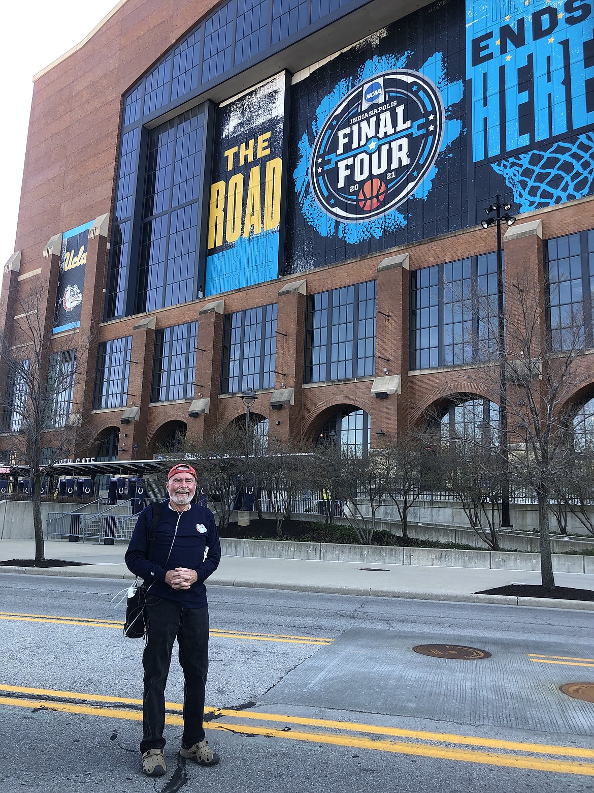 Courtesy photo
Dr. Carey Chisholm of Bayview, a longtime Gonzaga fan suffering from stage 4 lung cancer, stands in front of Lucas Oil Stadium in Indianapolis, where he was able to watch his beloved Zags play in the Final Four.