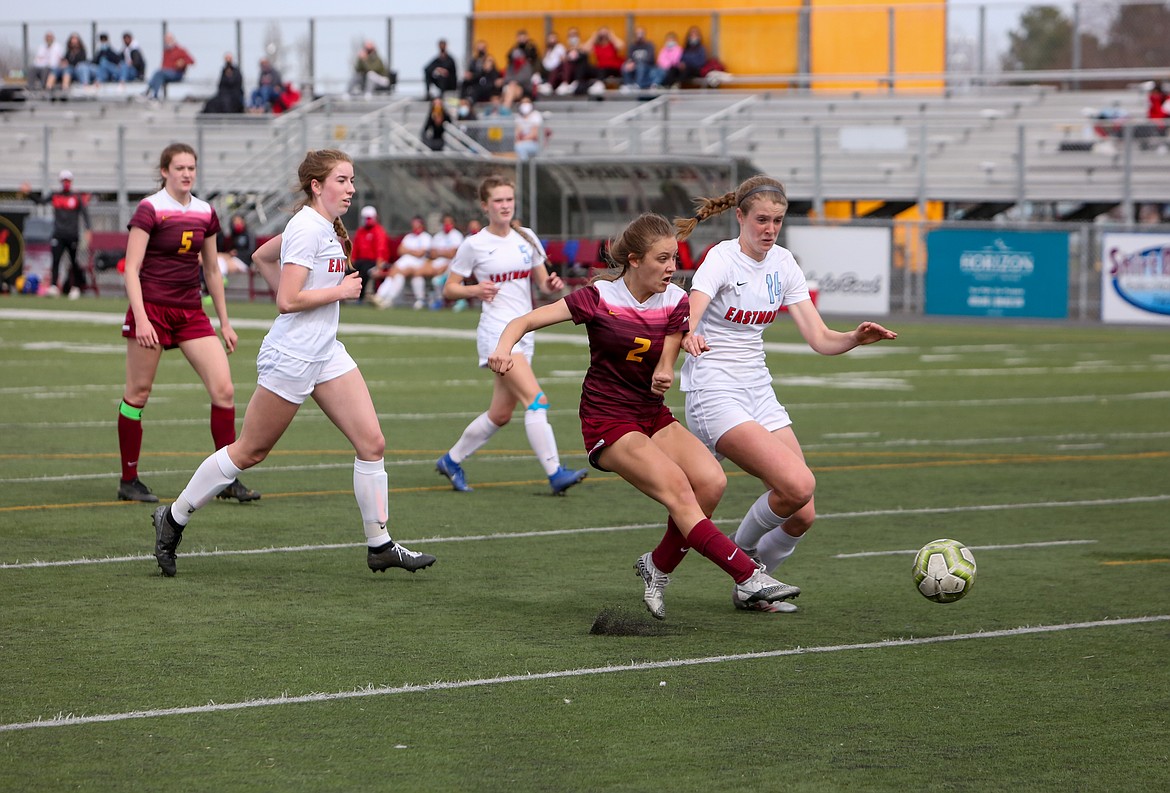 Moses Lake's Natalie Bunch fires in a goal to even the game at 2-2 versus Eastmont on Saturday afternoon at Lions Field.