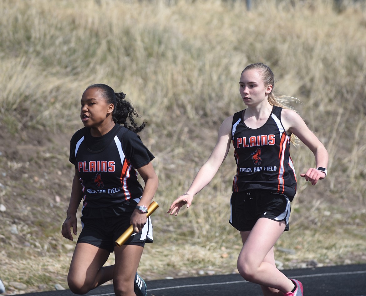 The Plains Trotters 4x100 relay of Jaelyn Carr, Amy Hill, Peyton Wasson and Annika Rivinius, were seventh Saturday at the Bigfork Invitational. (Scott Shindledecker/Valley Press)