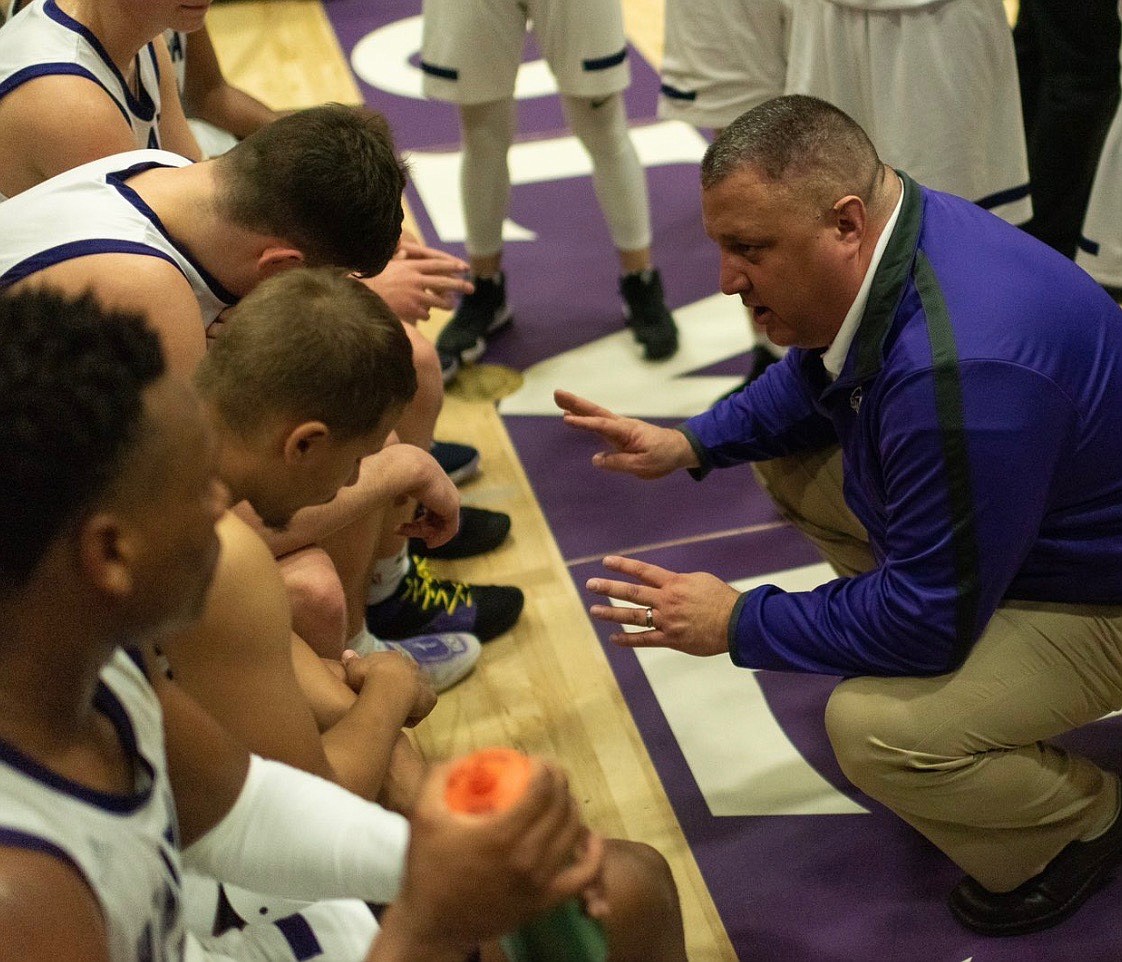 Brian Childs talks to his team at Heritage High during a timeout. Childs was named the SHS boys' basketball coach on Saturday and brings 23 years of coaching experience with him. "He’s an absolute hoop junkie," Athletic Director Kris Knowles said.