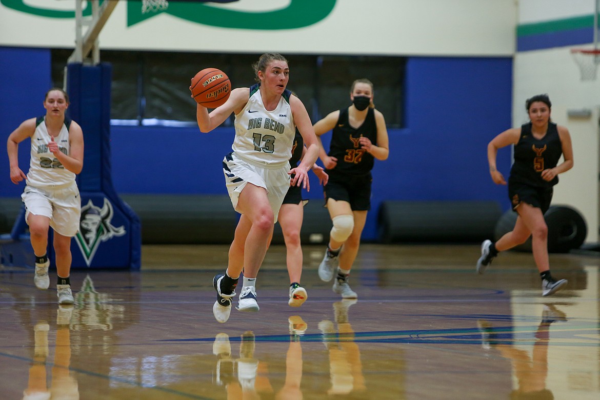 Kelsey Sorenson leads the break down the court after a Yakima Valley turnover in the first half on Tuesday night at Big Bend CC's DeVries Activity Center.