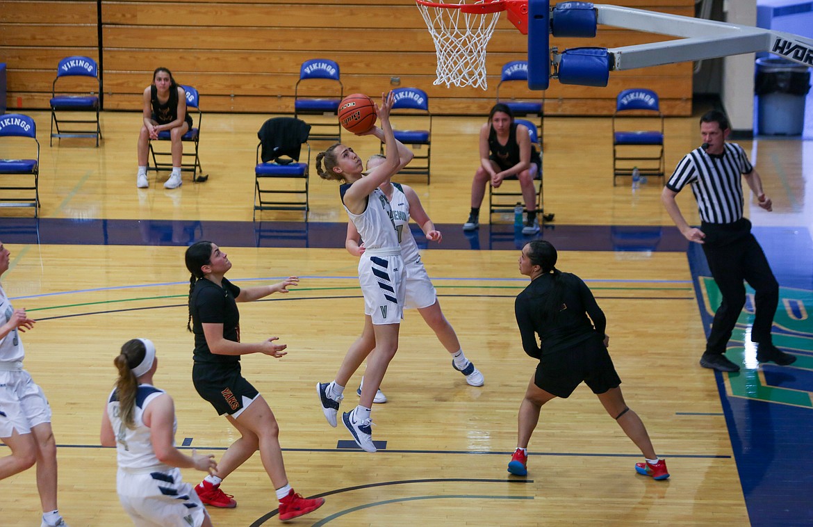 Savana Stephenson skies up for the shot in the paint to score in the first half against Yakima Valley CC on Tuesday night at Big Bend Community College in Moses Lake.