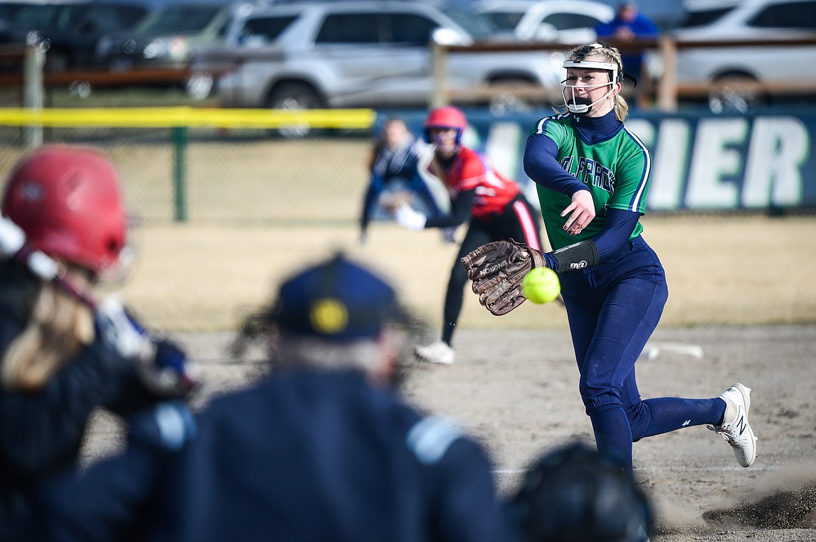 Glacier pitcher Kynzie Mohl (1) fires a pitch against Columbia Falls at Glacier High School on Thursday. (Casey Kreider/Daily Inter Lake)