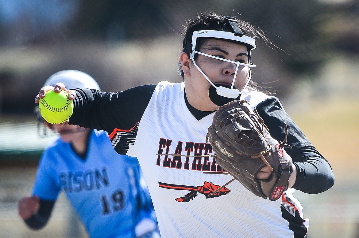 Flathead third baseman Brianna Morales (32) fires to first after fielding a grounder against Great Falls at Kidsports Complex on Friday. (Casey Kreider/Daily Inter Lake)