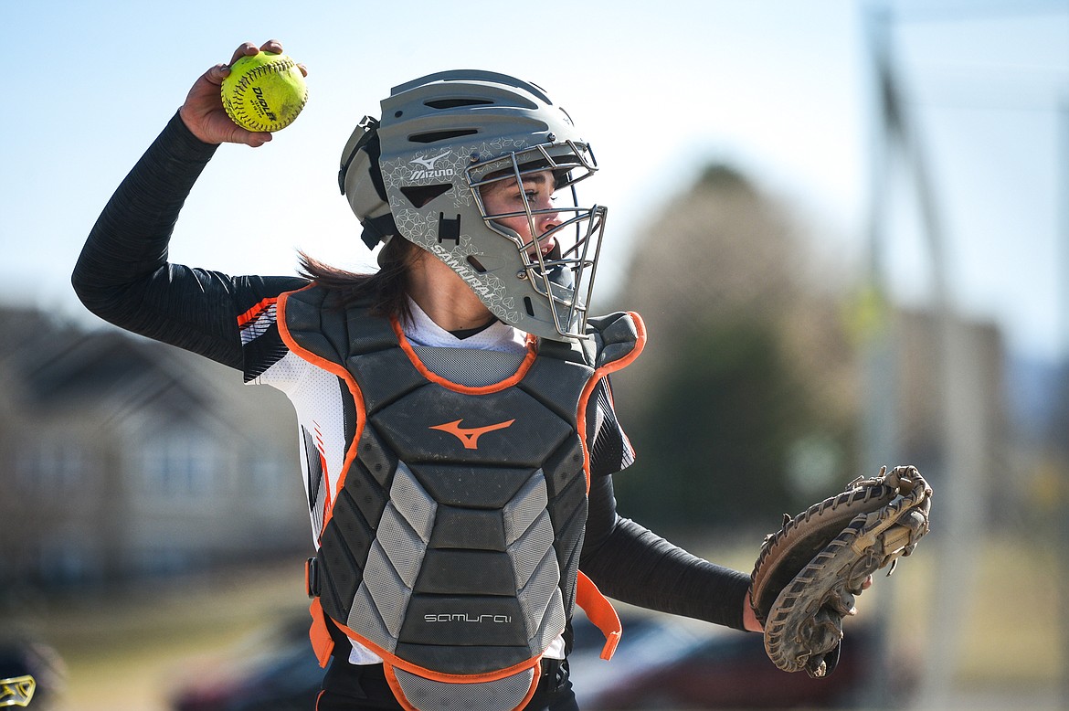 Flathead catcher Nevaeh Lacroix (7) keeps a Great Falls runner at first base at Kidsports Complex on Friday. (Casey Kreider/Daily Inter Lake)