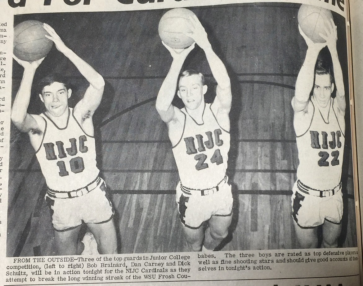 Press archives
Dick Schultz (22, right) with teammates Bob Brainard (10) and Dan Carney (24) in a preview photo before North Idaho Junior College played host to the Washington State freshman team in February 1966 in Coeur d'Alene.