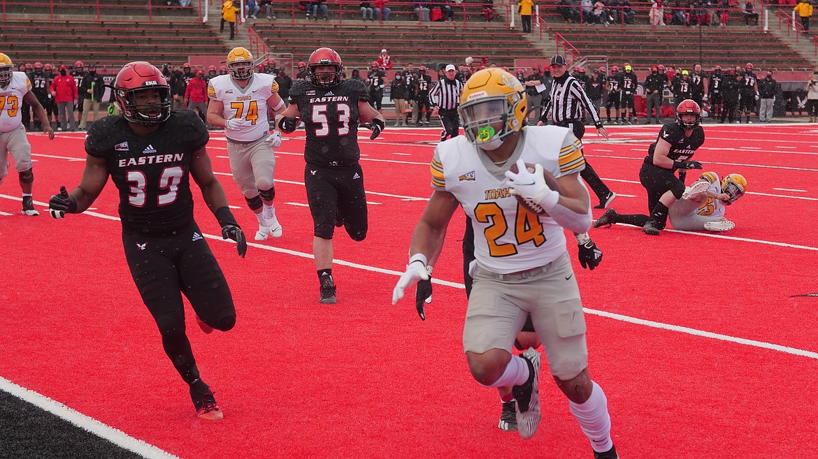 Photo courtesy IDAHO ATHLETICS
Roshaun Johnson of Idaho scores from 3 yards out to give the Vandals a 14-7 lead over Eastern Washington late in the first quarter Saturday in Cheney.