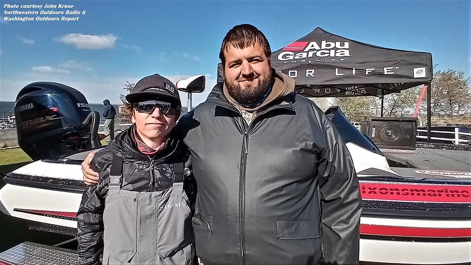 Tate Webb (left) and Micah Hart (right) of Richland won two of the seven hours' best fish and took home the grand prize, a Skeeter bass boat at the Northwest Bass Tournament on Potholes Reservoir on Saturday.