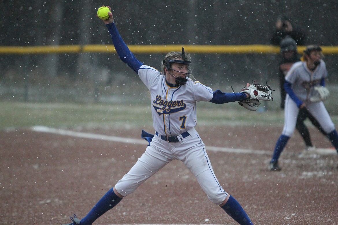 Mackenzie Foss launches a pitch during the Lady Loggers April 10 game against Eureka. (Will Langhorne/The Western News)