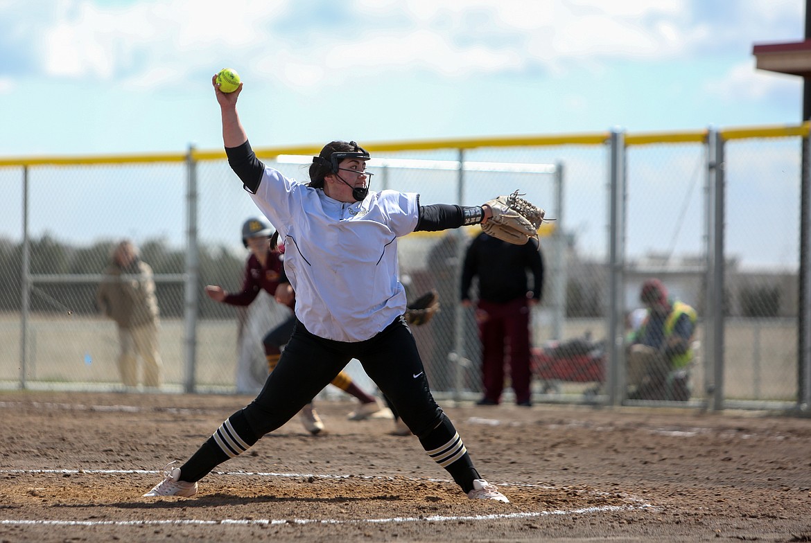 Royal High School's Madison Ortega-Sanchez pitches against Moses Lake High School at the softball jamboree on Saturday afternoon in Moses Lake.