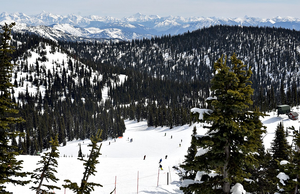 The view from Whitefish Mountain Resort's summit looking toward Glacier National Park on a sunny day in April. (Whitney England/Whitefish Pilot)