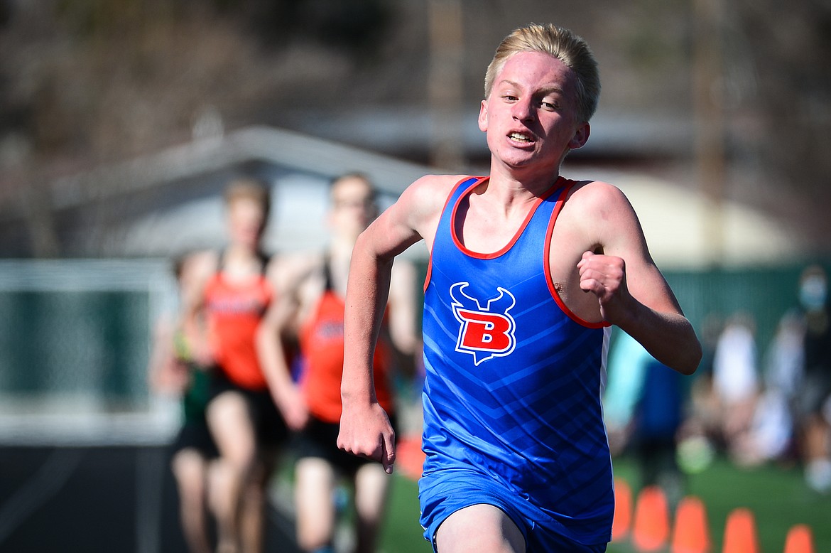 Bigfork's Jack Jensen approaches the finish line in the 1600 meter run during a track and field meet with Flathead and Whitefish high schools at Legends Stadium on Tuesday. (Casey Kreider/Daily Inter Lake)