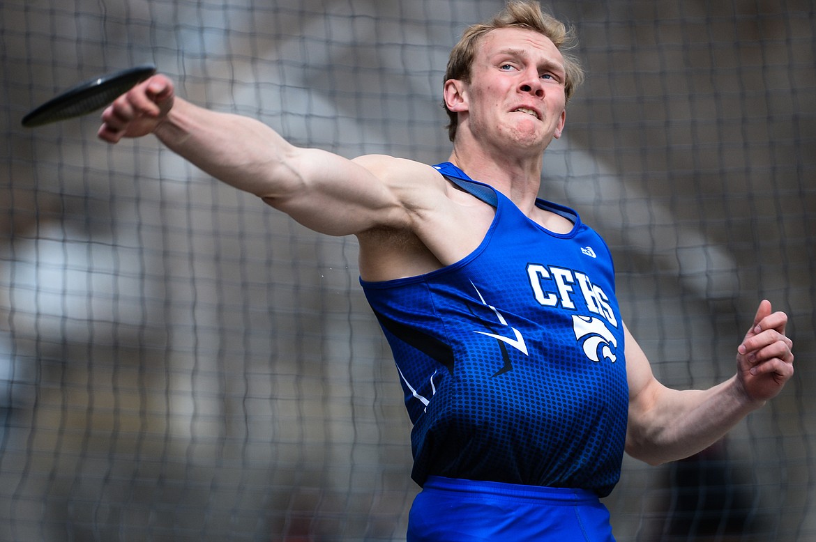 Columbia Falls' Allec Knapton competes in the discus during a track and field meet at Legends Stadium on Tuesday. (Casey Kreider/Daily Inter Lake)