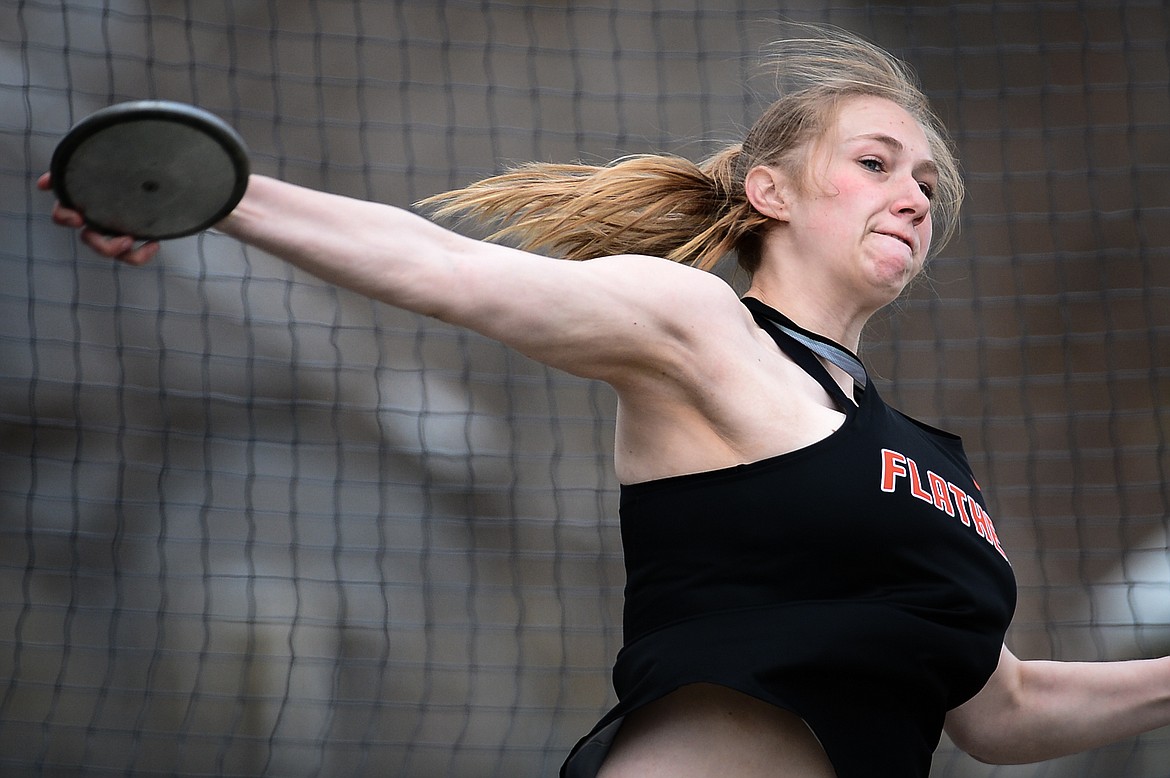Flathead's Rebecca Eacker competes in the discus during a track and field meet at Legends Stadium on Tuesday. (Casey Kreider/Daily Inter Lake)