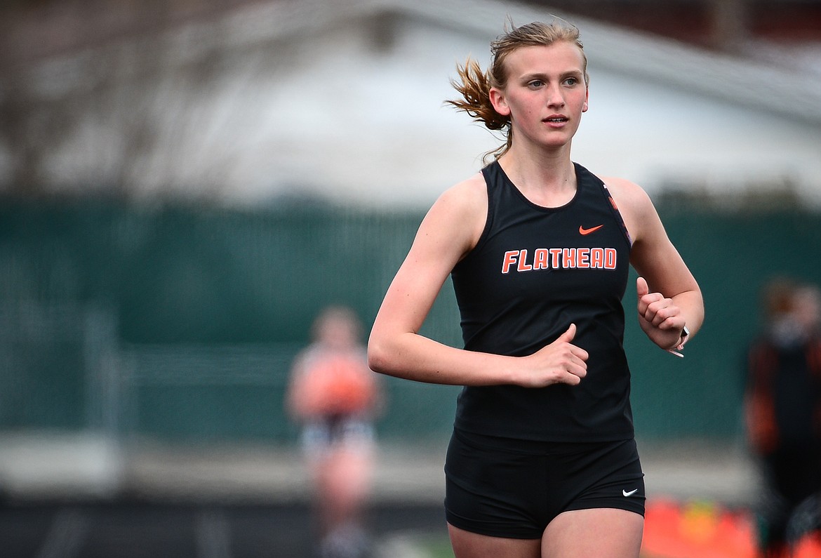 Flathead's Hannah Perrin finishes first in the girls 3200 meter run during a track and field meet at Legends Stadium on Tuesday. (Casey Kreider/Daily Inter Lake)