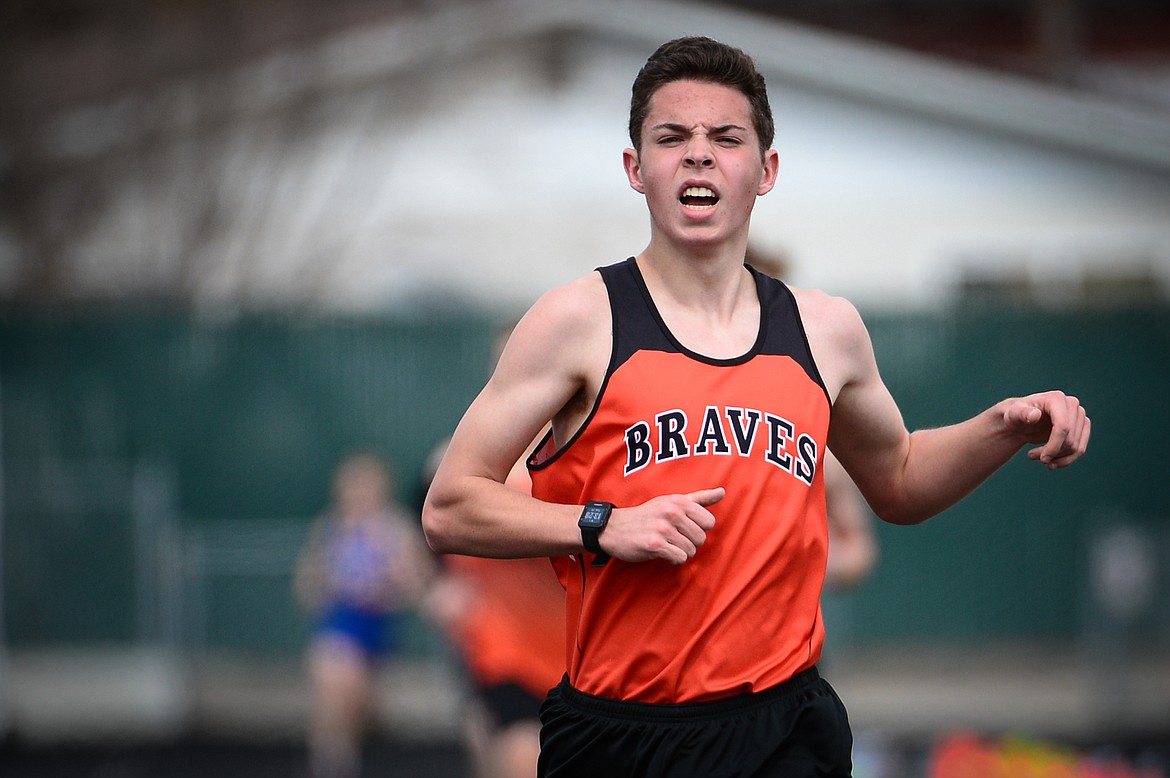 Flathead's Gabe Felton finishes first in the boys 3200 meter run during a track and field meet at Legends Stadium on Tuesday. (Casey Kreider/Daily Inter Lake)