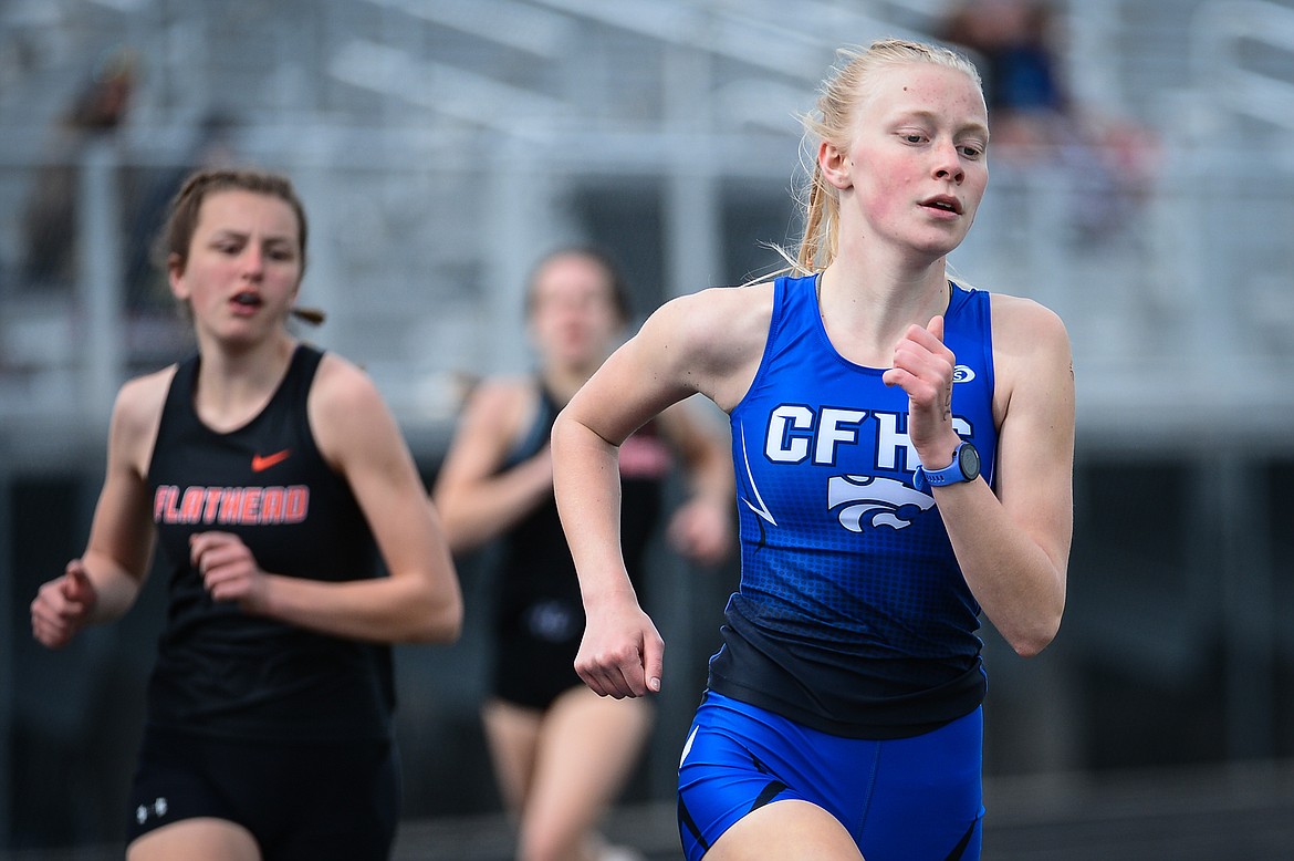Columbia Falls' Siri Erickson competes in the girls 800 meter run during a track meet at Legends Stadium on Tuesday. (Casey Kreider/Daily Inter Lake)