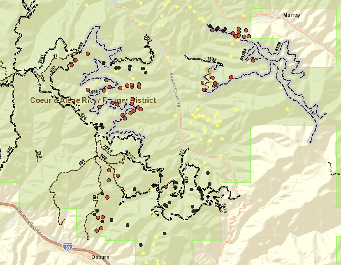 The red dots shown indicate the planed burn locations for the Two Mile and Beaver Creek projects.