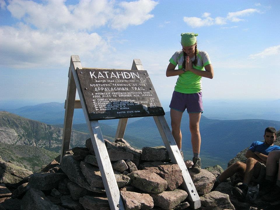 Shayla Paradeis reaches the end of the Appalachian Trail on Mount Katahdin in Maine in 2011 after hiking for four months and four days. (Photo provided by Shayla Paradeis)