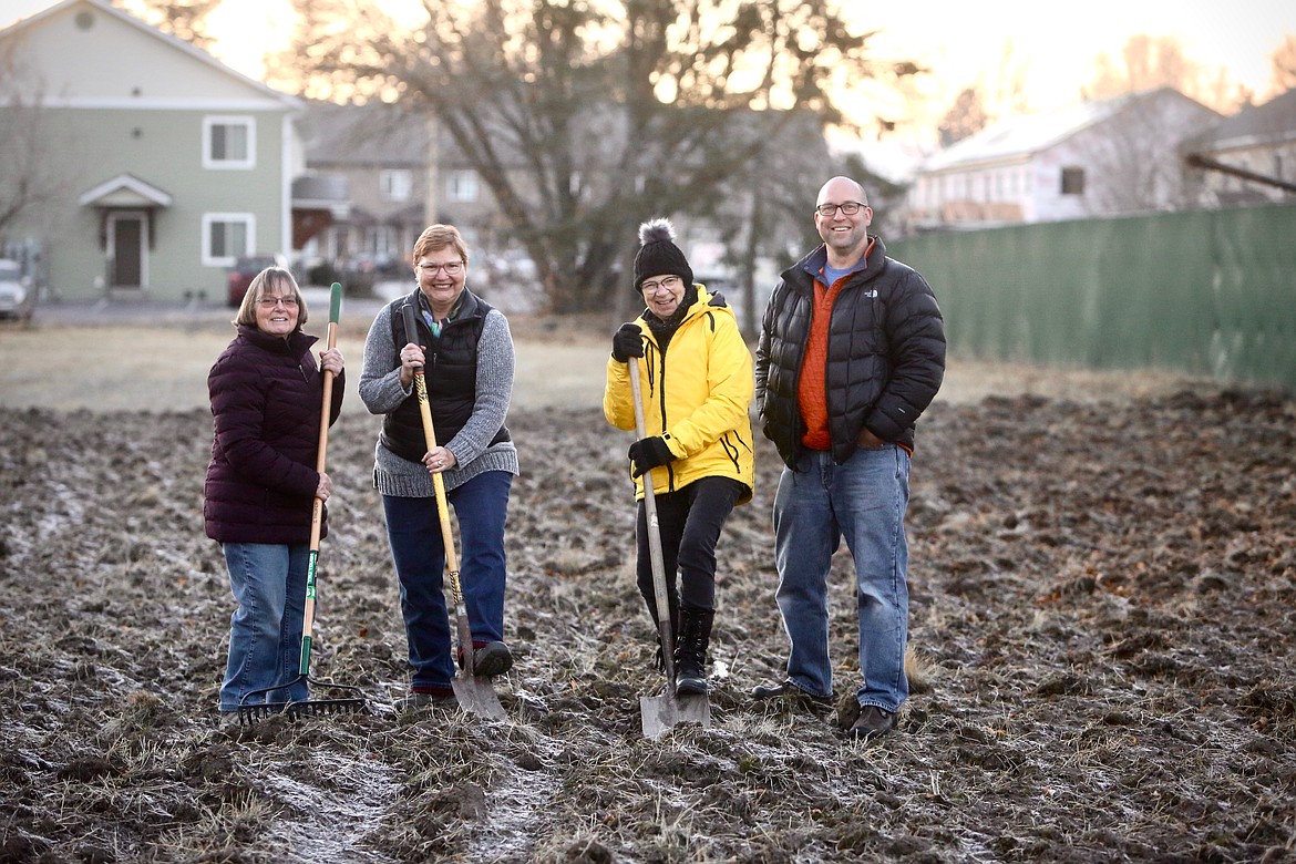 Evergreen Community Garden founders Yvonne Nelson, Katie Reiss, Nina Anderson and Pastor Craig Nissen, are pictured at the garden in December 2020.
Mackenzie Reiss/Daily Inter Lake