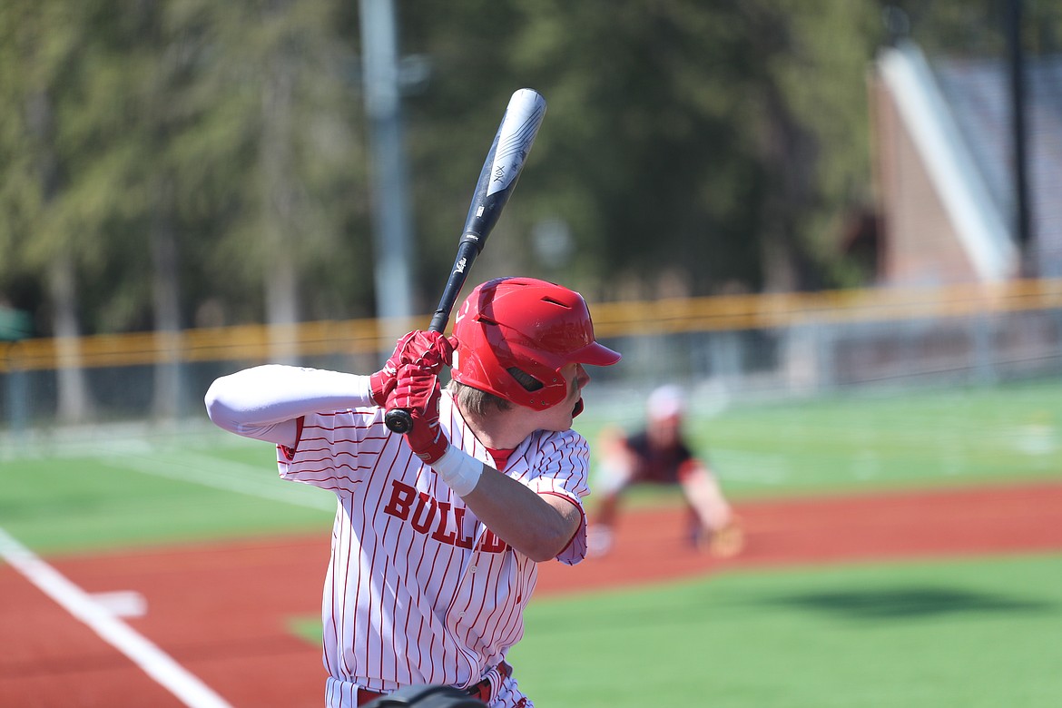 Cody Newhart stands in the batter's box and eyes a pitch on Saturday.