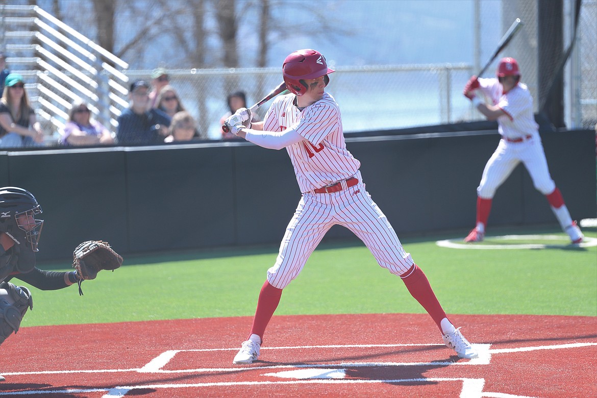 Senior Max Thielbahr stands in the batter's box on Saturday.